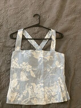 Light Blue Floral Sleeveless Linen-Blend Tank Top